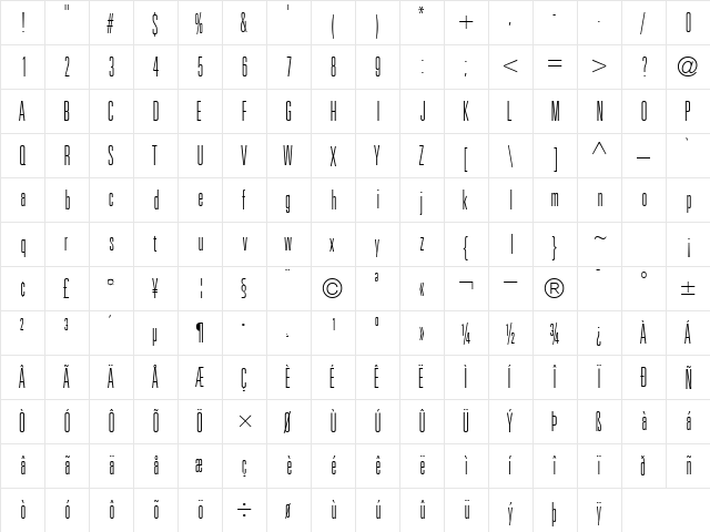 NovaLightUltraCondSSK Regular  glyph index