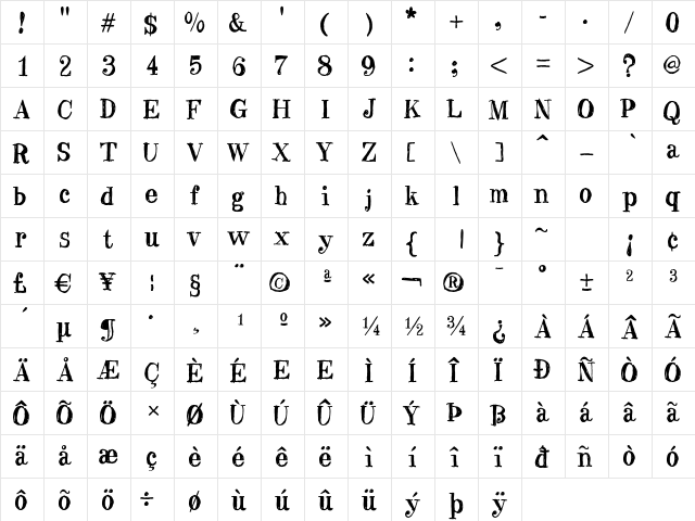 BlueCentury Regular  glyph index