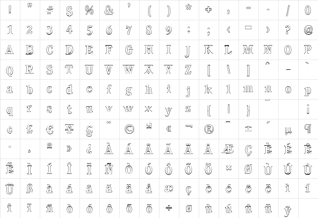 CalgaryOutline-Medium Regular  glyph index
