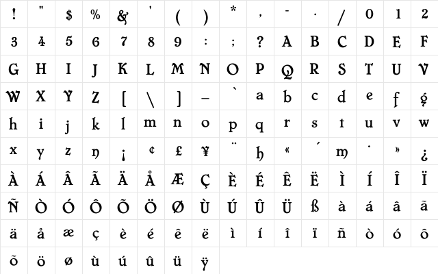 ChesterfieldEF Regular  glyph index
