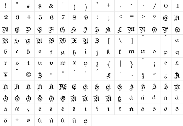 KanzleiLight Regular  glyph index