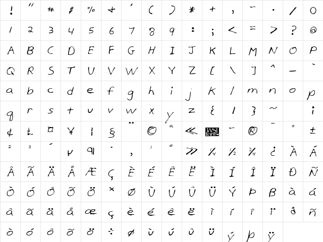 KramersHand Regular  glyph index