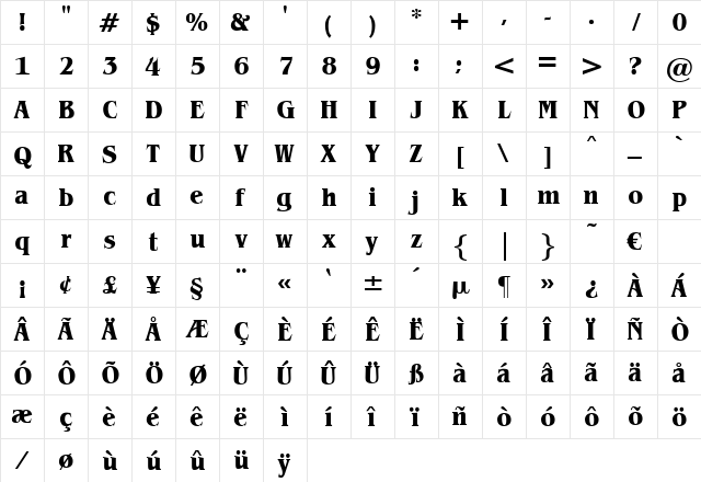 JonathanBoldCondensed Regular  glyph index