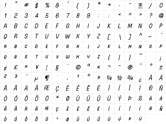 Wida Round SmallCaps Demo Italic  glyph index