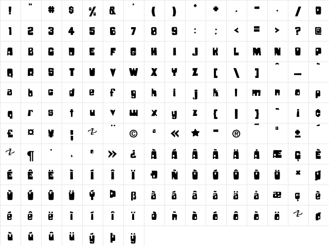 Boochie Regular  glyph index