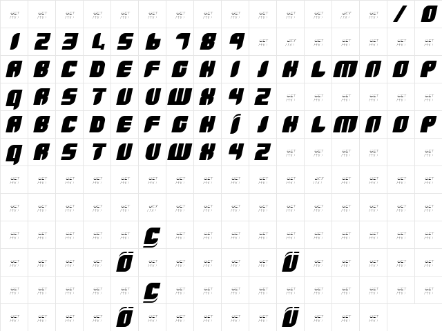 Boldie Italic Italic  glyph index