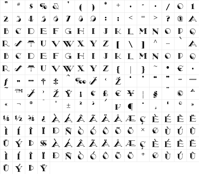 Secret Agent NF Regular  glyph index