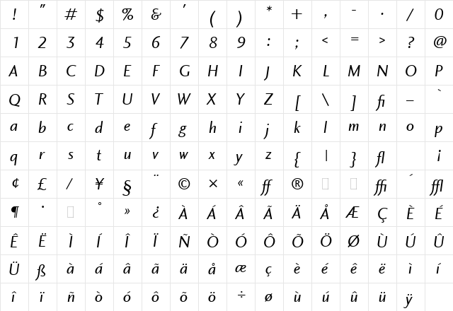 Charlotte Sans Book Italic LET Regular  glyph index