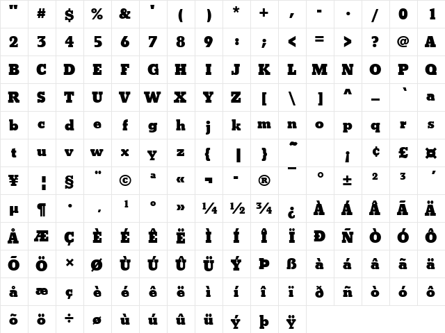 BetonTExtBol Regular  glyph index