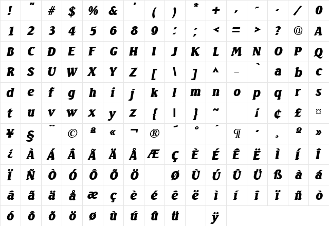 SeagullLH Bold Italic  glyph index