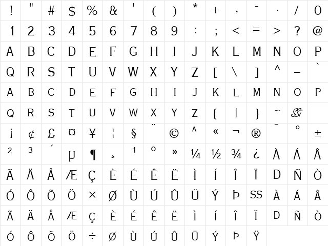 Copperplate Light Condensed SSi Light Condensed  glyph index