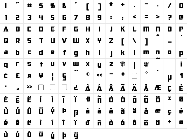 Optimus Regular  glyph index