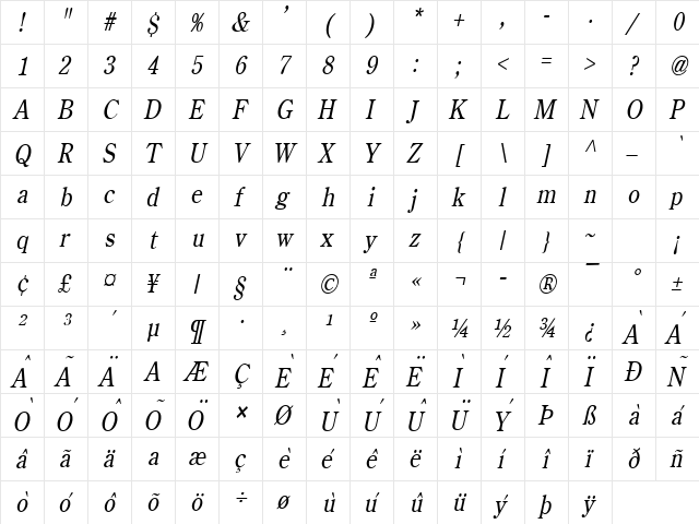 Cento Condensed Italic  glyph index