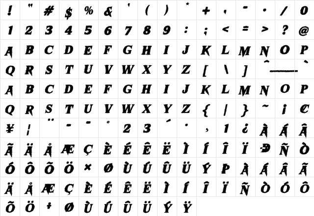 Sharkbite Italic Regular  glyph index