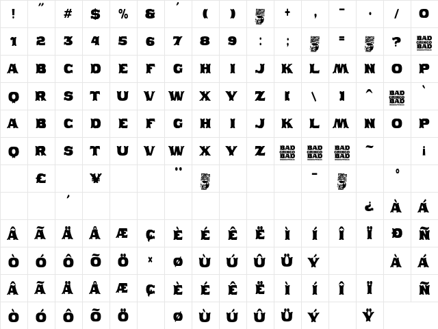 Bad Gringo Regular  glyph index