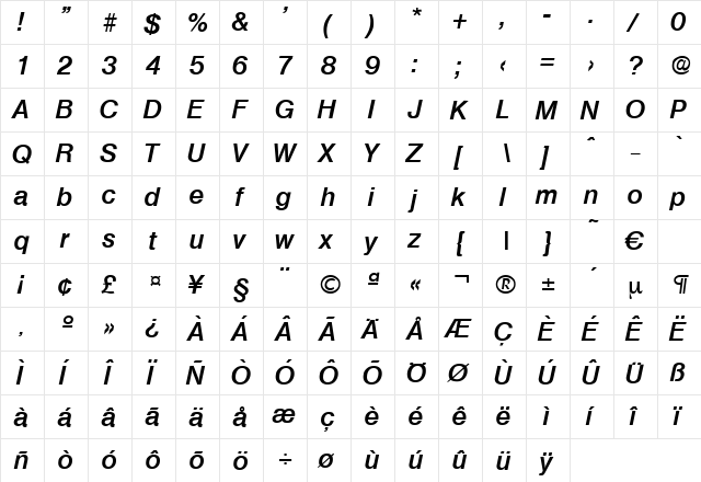 Olympia-DemiBoldIta Regular  glyph index