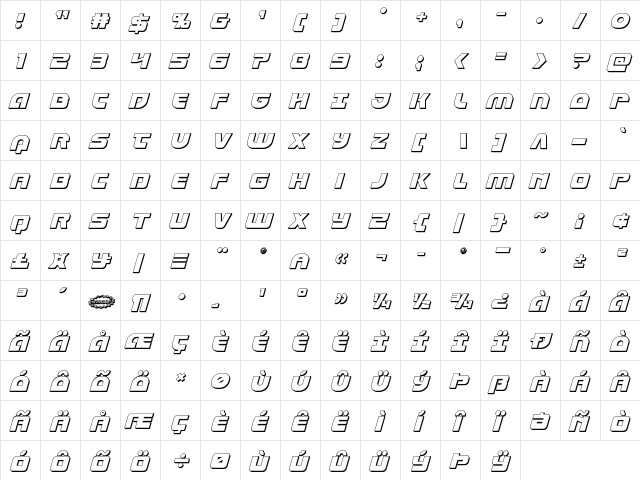 Laser Corps 3D Italic Regular  glyph index