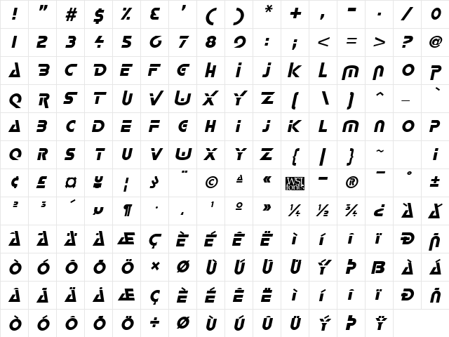 Logash Italic  glyph index