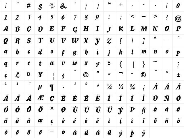 Mercurius Script MT Bold Bold  glyph index