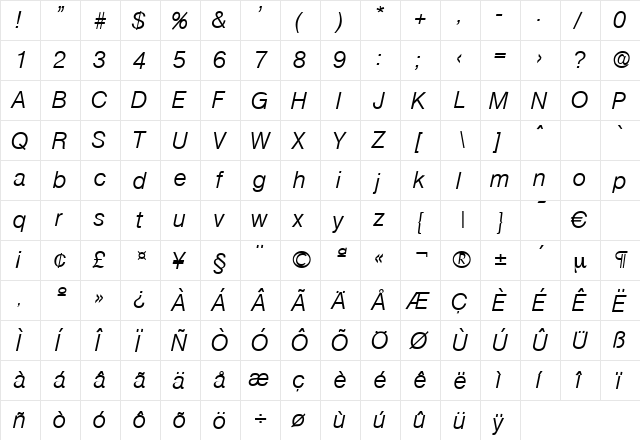 Olympia-LightIta Regular  glyph index