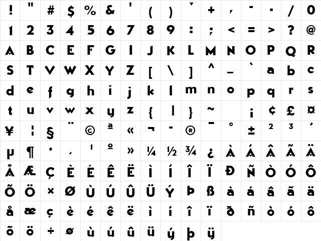 EpicGothic Regular  glyph index