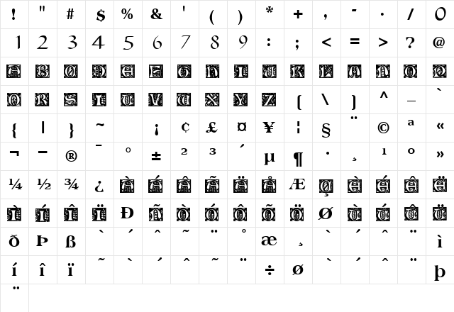 ROSEYCAPS Regular  glyph index
