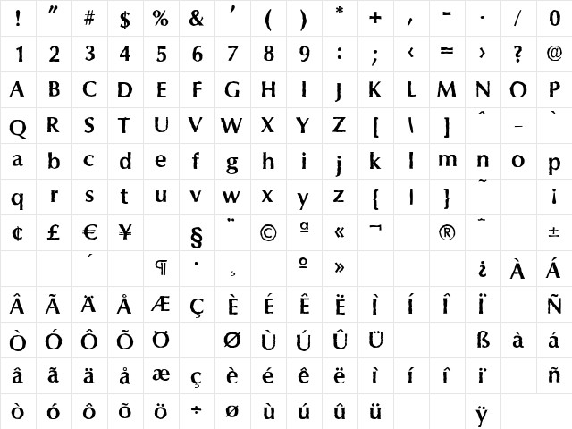 ColumbiaAntique Bold  glyph index