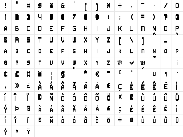 Flipbash Condensed Regular  glyph index