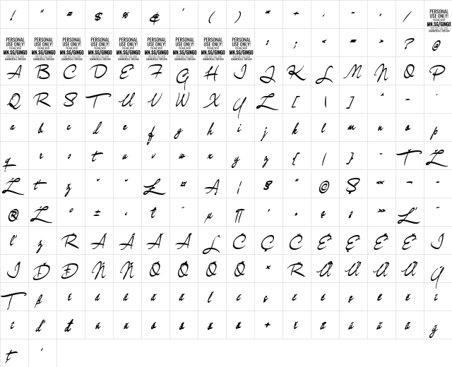 Gingo PERSONAL USE Bold  glyph index