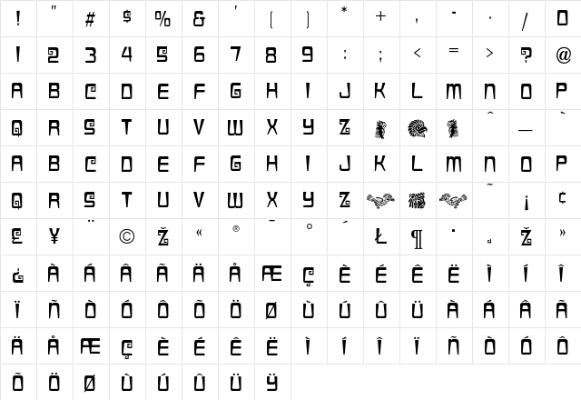 AztecaCondensed Regular  glyph index
