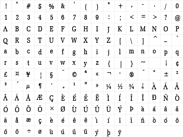 Bid Roman-Condensed Bold  glyph index