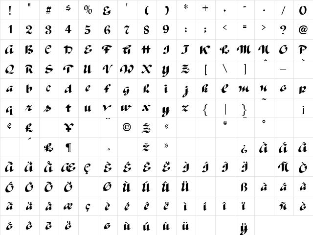 Postillion Regular  glyph index