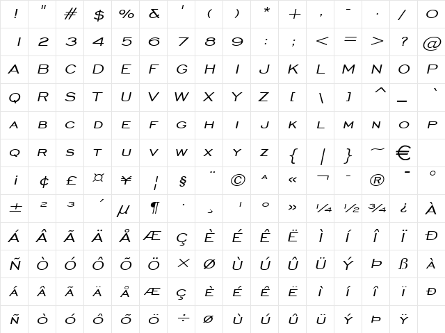 ChiselWide Italic  glyph index