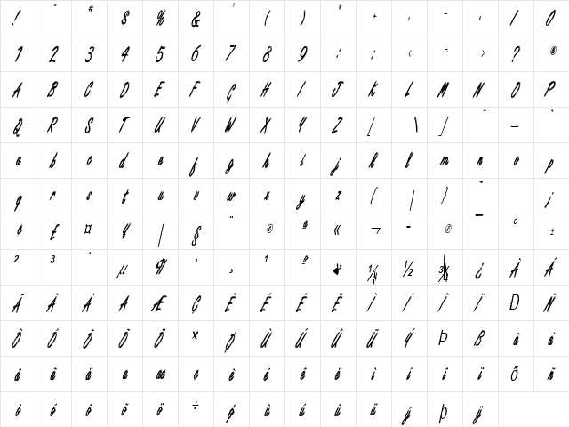 Encino Xtra Condensed Italic  glyph index