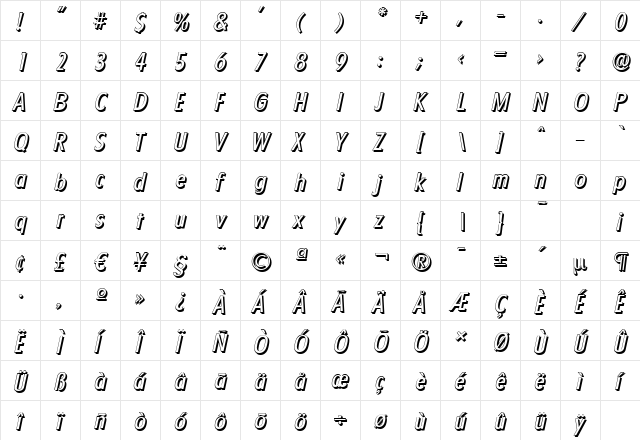 FloridaShadow Italic  glyph index