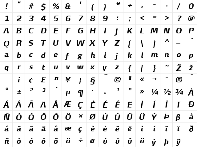 MaxDemiSerifTF-BoldItalic Regular  glyph index