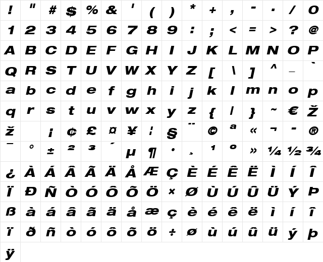 HelveticaNeue LT 63 MdEx HeavyOblique  glyph index