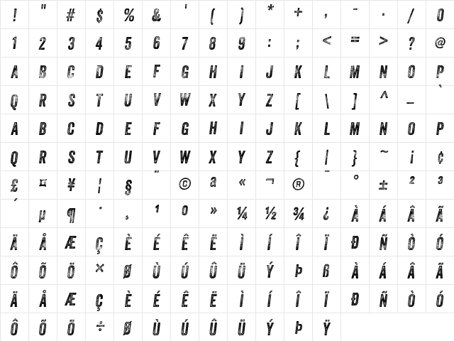 Veneer Three Italic  glyph index