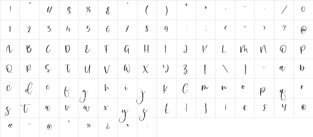 Sweet Sophie Regular  glyph index