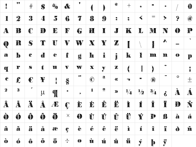 BodoniConcentric Regular  glyph index