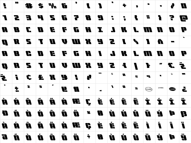 Warp Thruster Leftalic Italic  glyph index