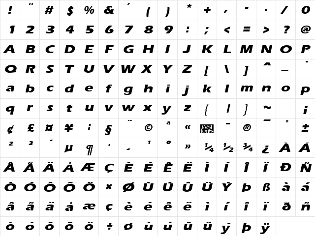 ErgoeExtraboldExpanded Italic  glyph index