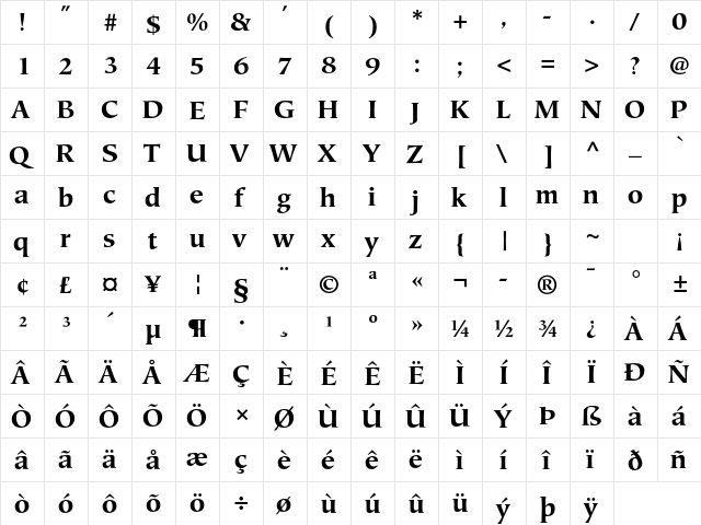 Mariposa Std Bold  glyph index