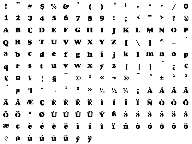 Dover Heavy Regular  glyph index