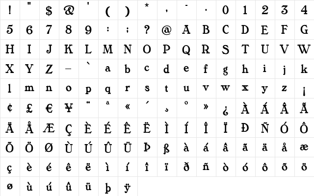 TanglewoodTales Regular  glyph index
