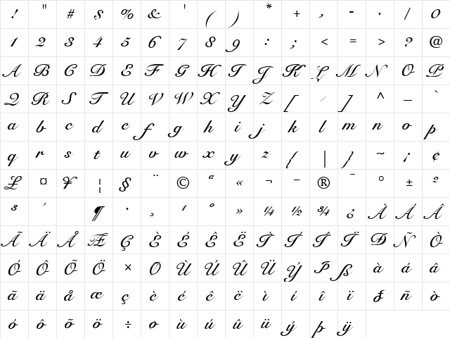 SnellRoundhand BoldScript  glyph index