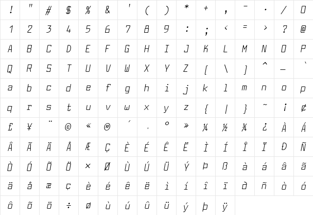Larabiefont Condensed Italic  glyph index