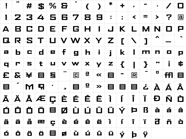 AgencyFBExt Bold  glyph index