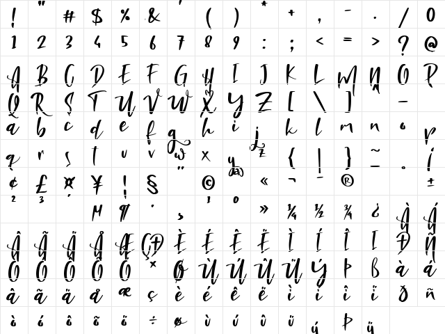 Brightest Regular  glyph index