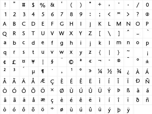 Aboriginal Sans Regular  glyph index